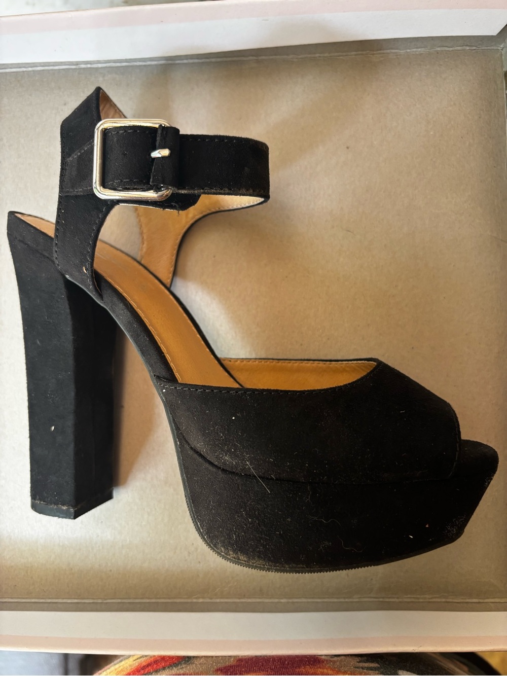Candie's Black Suede Platform Block Heel Sandal with Ankle Buckle